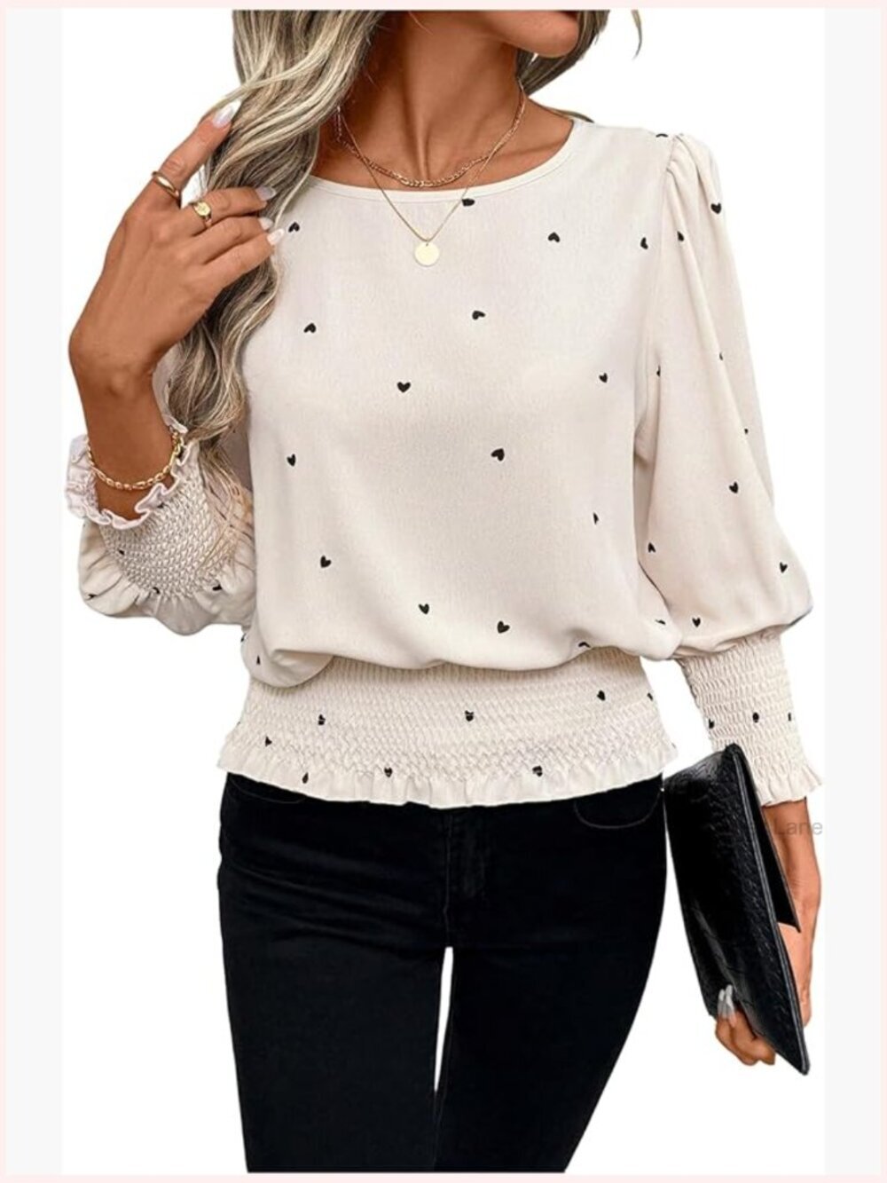 Women's Heart Blouse Crew Neck 3/4 Sleeve Shirred Tops Dressy Casual Blouse